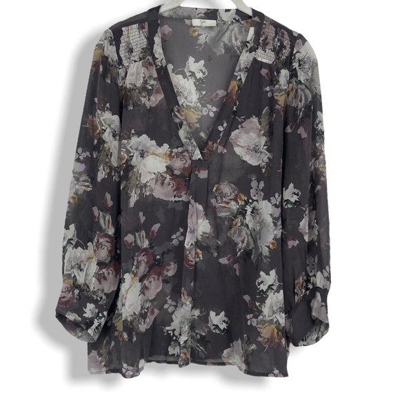 Joie Sheer Silk Blouse Long Sleeve Top Floral Purple Size Small Women V-Neck - Picture 6 of 8